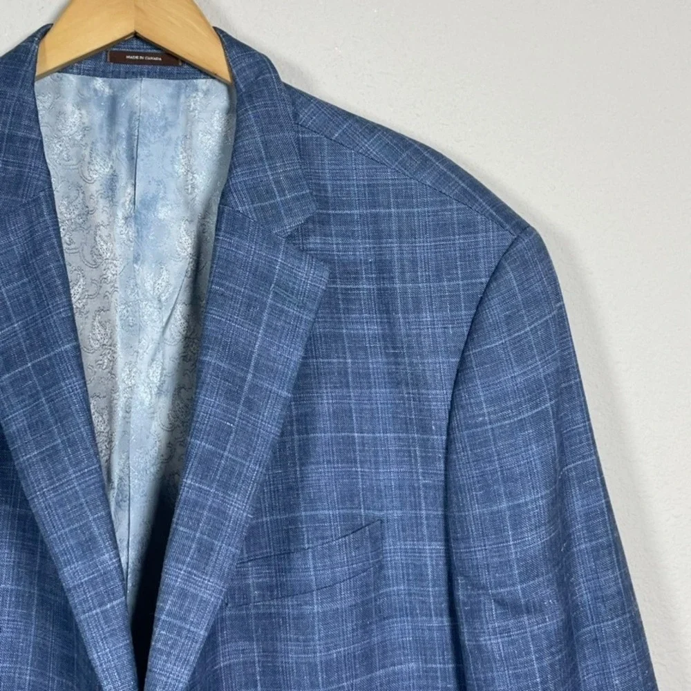 Peter Millar Blazer Mens 50R Blue Plaid Silk Linen Wool E. Thomas Italian Fabric